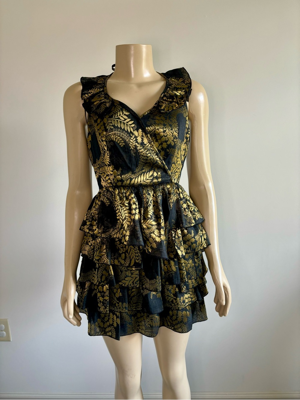 Juicy Couture Black & Gold Floral Tiered Ruffle Mini Dress